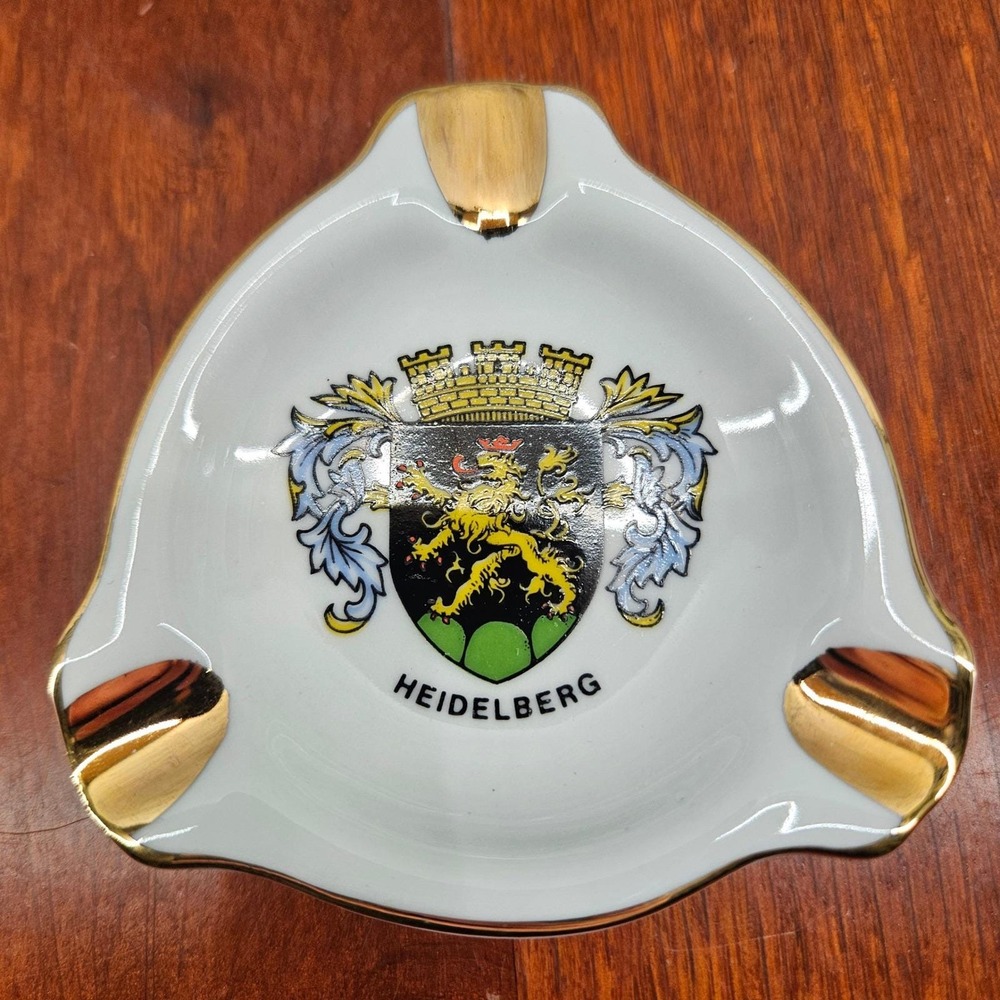 Vintage Heidelberg Ceramic Ashtray Trinket Dish‎ with Gold Trim and Coat of Arms